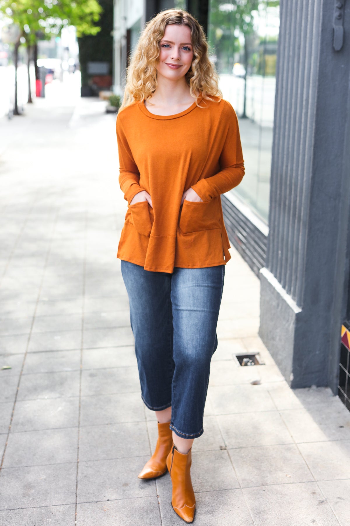 Haptics Rust Hacci Dolman Pocketed Sweater Top Haptics