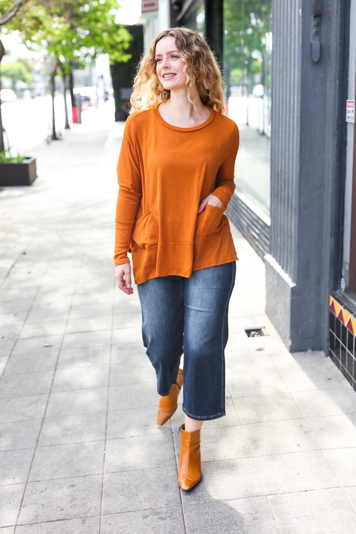 Haptics Rust Hacci Dolman Pocketed Sweater Top Haptics