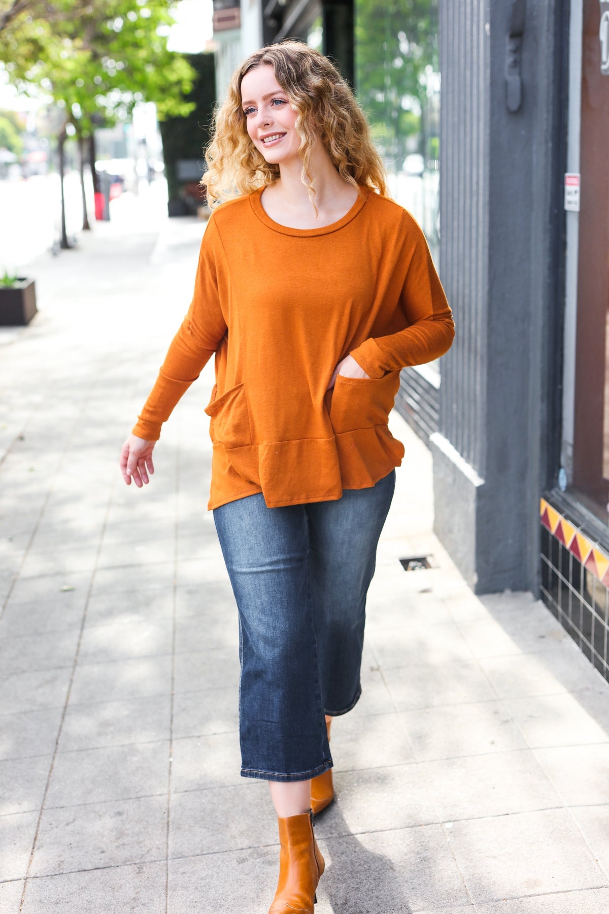 Haptics Rust Hacci Dolman Pocketed Sweater Top Haptics