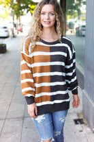 Haptics Camel & Charcoal Striped Color Block Sweater Haptics