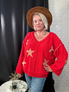 POL Apple Red Long Sleeve Star Patch Sweater Apple Red Trendsi