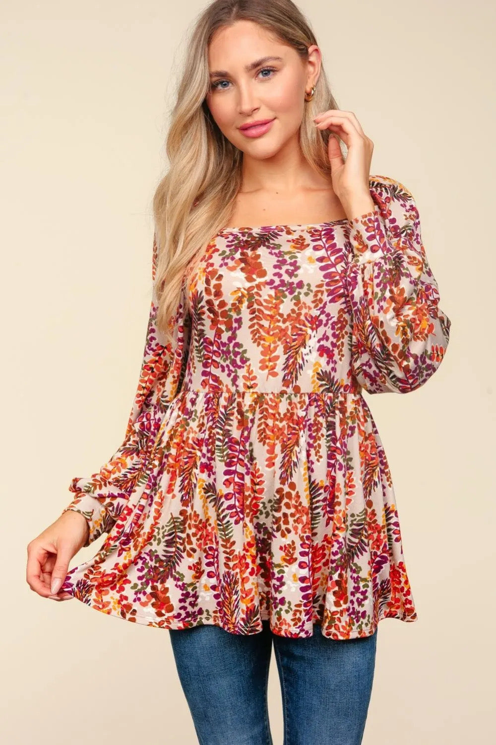 Haptics Taupe & Rust Floral Print Babydoll Bubble Sleeve Top Haptics