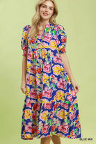 Umgee Blue Mix Floral Print Puff Sleeve Tiered Midi Dress BLUE MIX
