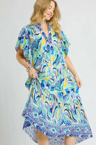 Umgee Pastel Blue Boho Swirl Printed Short Sleeve Tiered Midi Dress