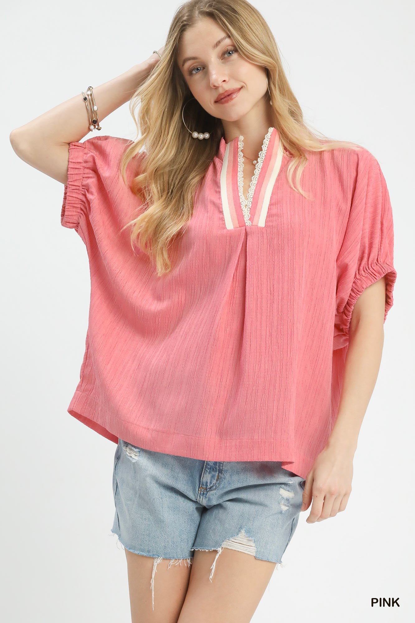 Umgee Pink Textured V-Neck Blouse PINK