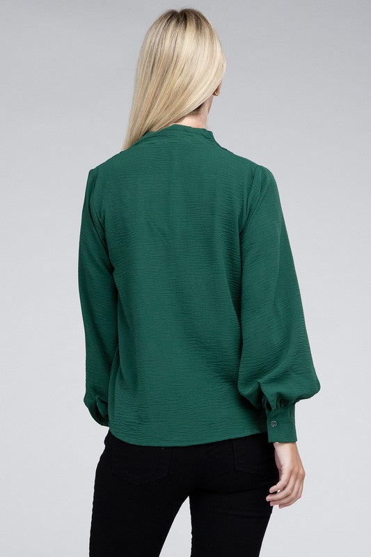 Zenana Woven Airflow V-Neck Long Sleeve Top Shirts & Tops