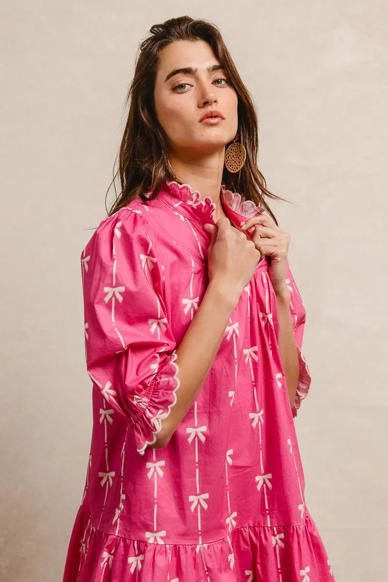 BiBi Fuchsia Ribbon Pattern With Scallops Edge Details Dress