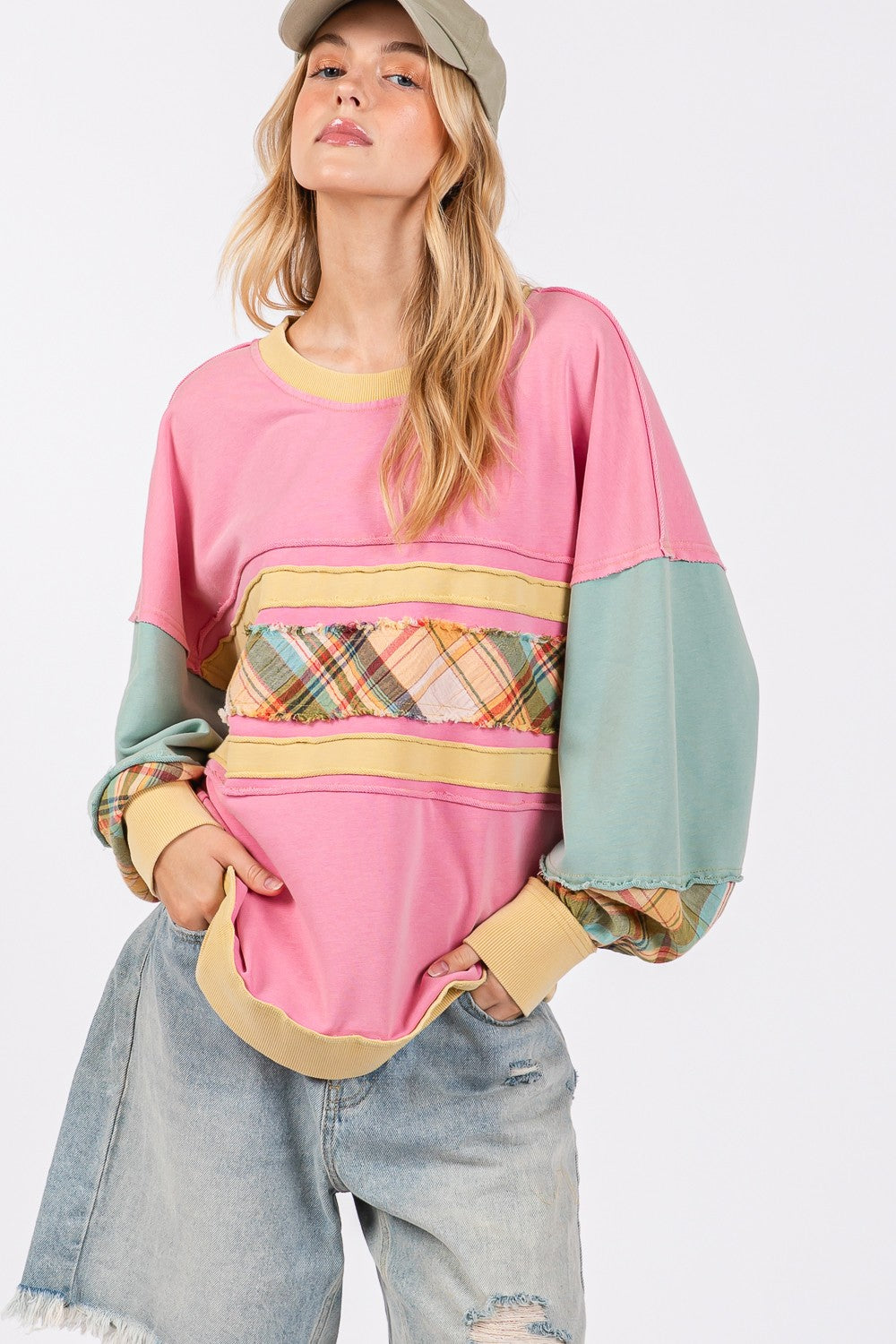 SAGE + FIG Barbie Pink Mineral Washed Raw Edge Color Block French Terry Sweatshirt Trendsi