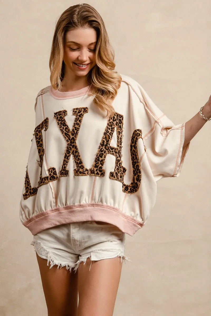 BiBi Oatmeal & Rose Leopard Print Texas Patchwork Overlock Stitch Top
