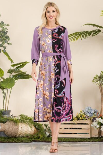 Celeste Pink & Purple Paisley And Floral Contrast Tent Midi Dress