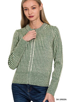 Zenana Ribbed Two Tone Zip Up Sweater Cardigan DK GREEN