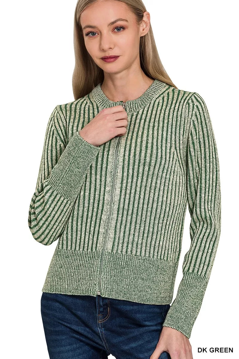 Zenana Ribbed Two Tone Zip Up Sweater Cardigan DK GREEN