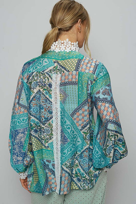 POL Teal Mock Neck Lace Detail Printed Paisley Button Down Long Sleeve Woven Top Shirts & Tops