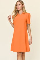 Double Take Quilted Textured Collared Neck Puff Sleeve Dress Tangerine Trendsi