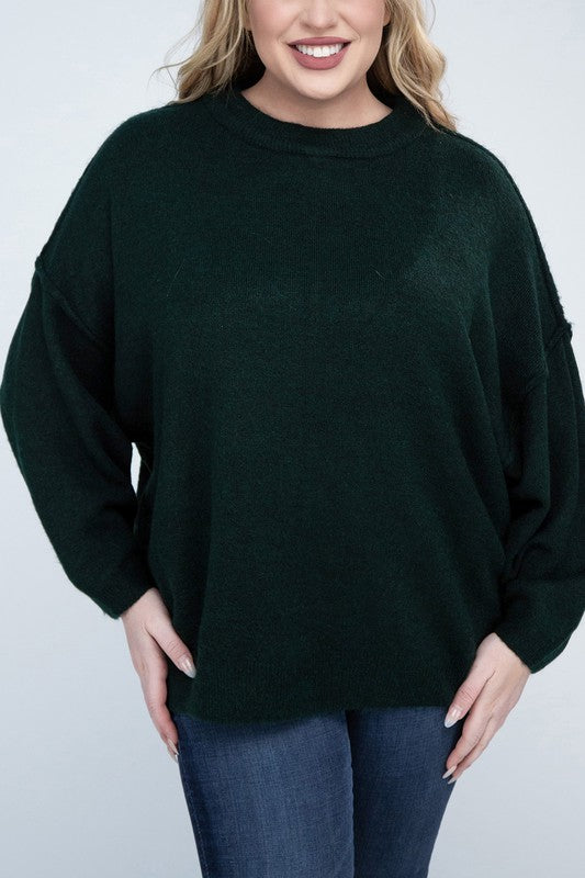 Zenana Plus Oversized Round Neck Raw Seam Melange Sweater H HUNTER GREEN ZENANA