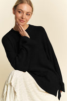 Davi & Dani Black High-Low Round Neck Drop Shoulder Sweater