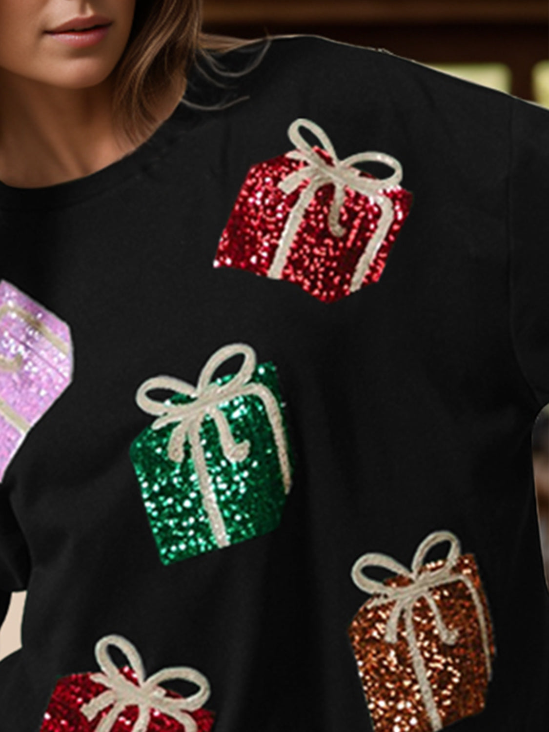 Preorder: Sequin Gift Box Long Sleeve Sweatshirt Trendsi