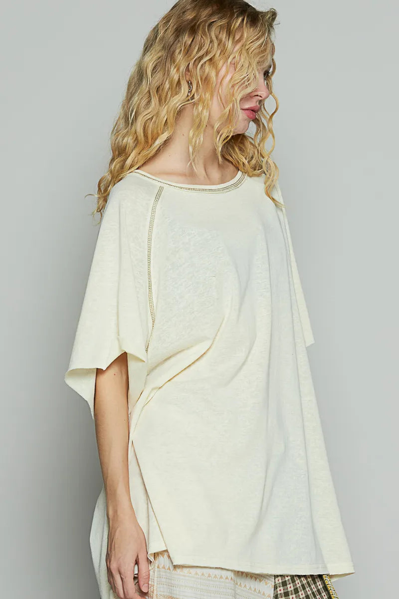 POL Custard Contrast Stitching Jersey Knit Short Sleeve Oversized T-Shirt
