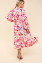 Haptics Frill V-Neck Shirred Waist Pink Floral Maxi Dress Dresses