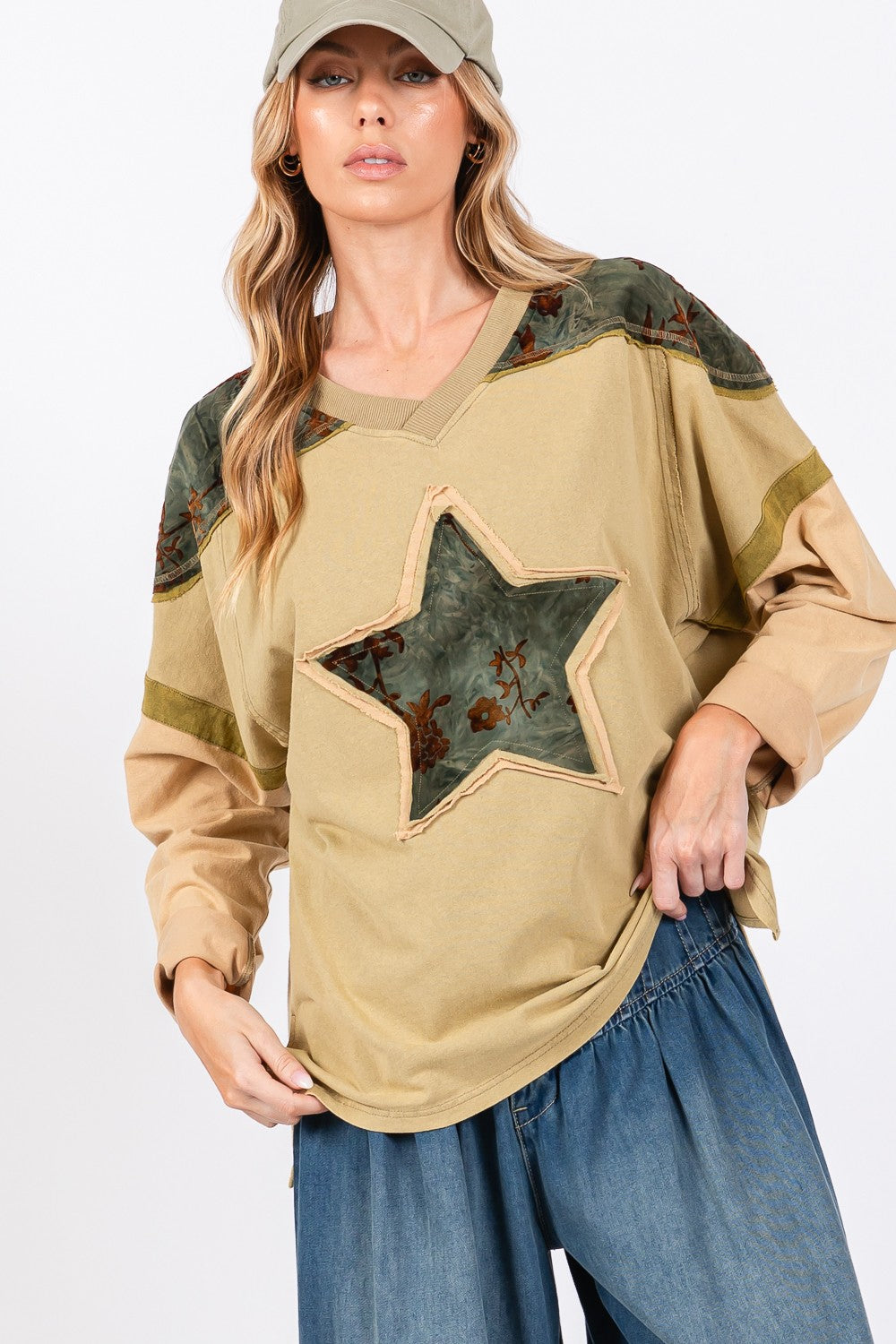 SAGE + FIG Olive Mineral Washed Star Patch Cotton Slub Color Block Oversized Tee Olive Trendsi