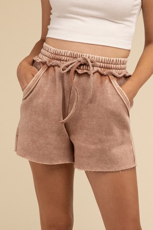 Zenana Acid Wash Fleece Drawstring Shorts with Pockets RUST