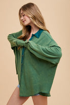 Annie Wear Dark Green Waffle-Knit Mineral Washed Button Down Shirt