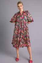 Umgee Full Size Paisley Print Satin Tiered Midi Dress Plus Size TEALGREEN