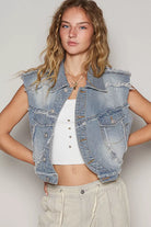 POL Denim Assymetrical Front Closure Raw Hem Denim Vest