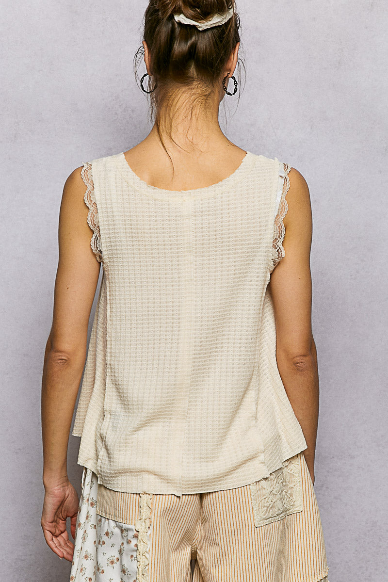 POL Vanilla Textured Knit Round Neck Tank with Lace Detail