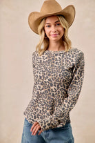 BiBi Leopard Print Washed Waffle Thermal Top with Thumbholes