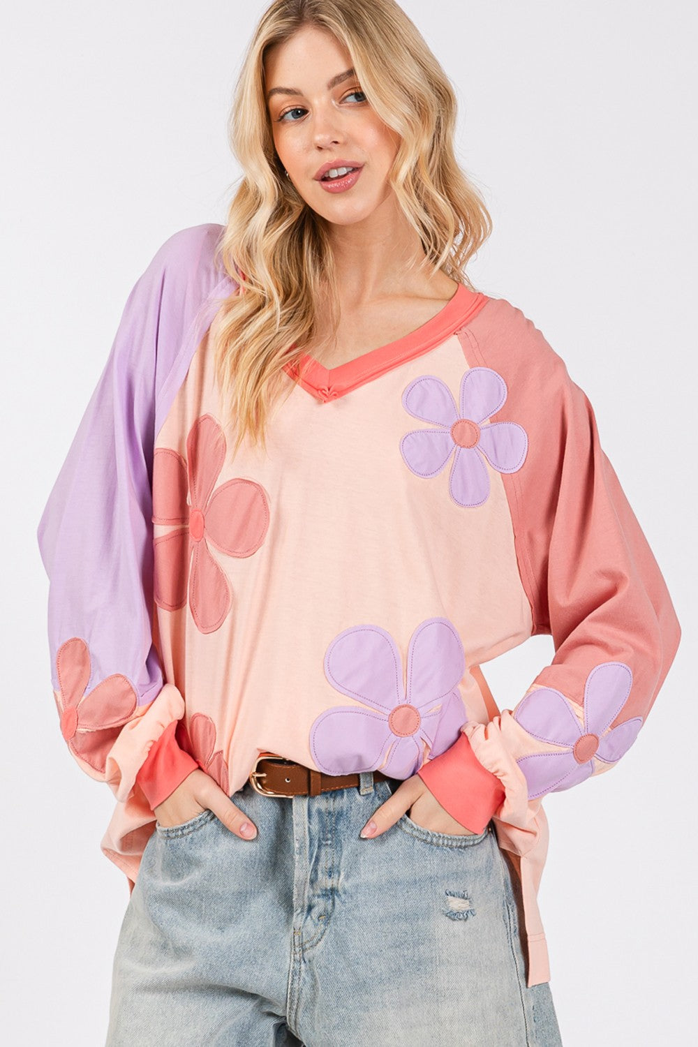 SAGE + FIG Blush Daisy Applique Patch Color Block Long Sleeve Top Trendsi