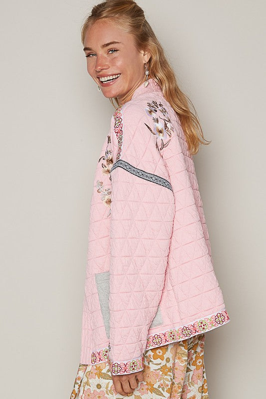 POL Quilted Embroidered Open Front Long Sleeve Jacket in Blush Pink Coats & Jackets