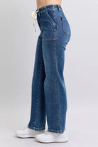Judy Medium Washed Blue Drawstring Straight Jeans with Pockets