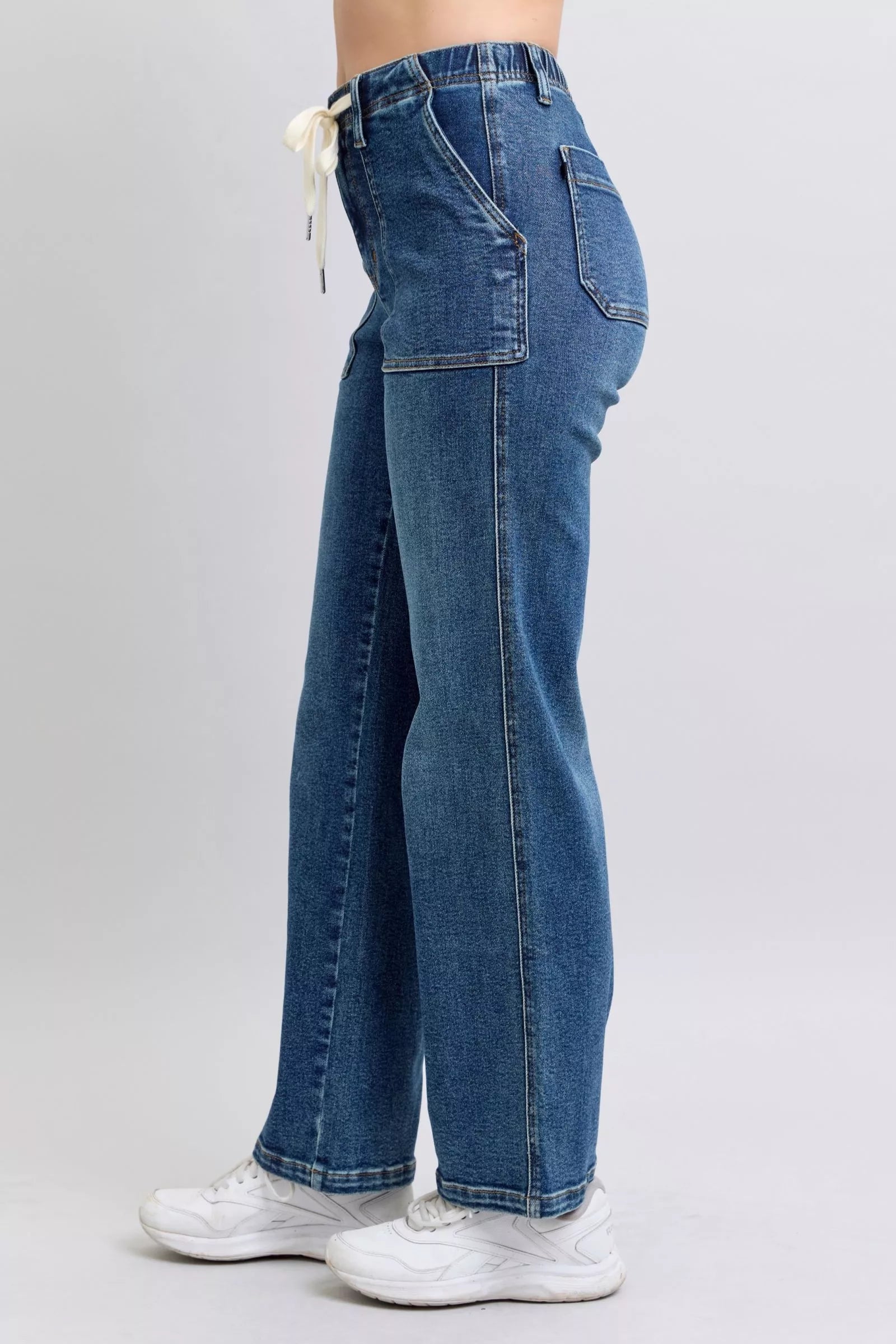 Judy Medium Washed Blue Drawstring Straight Jeans with Pockets
