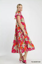 Umgee Tea Berry Mix Bold Floral Tiered Midi Dress