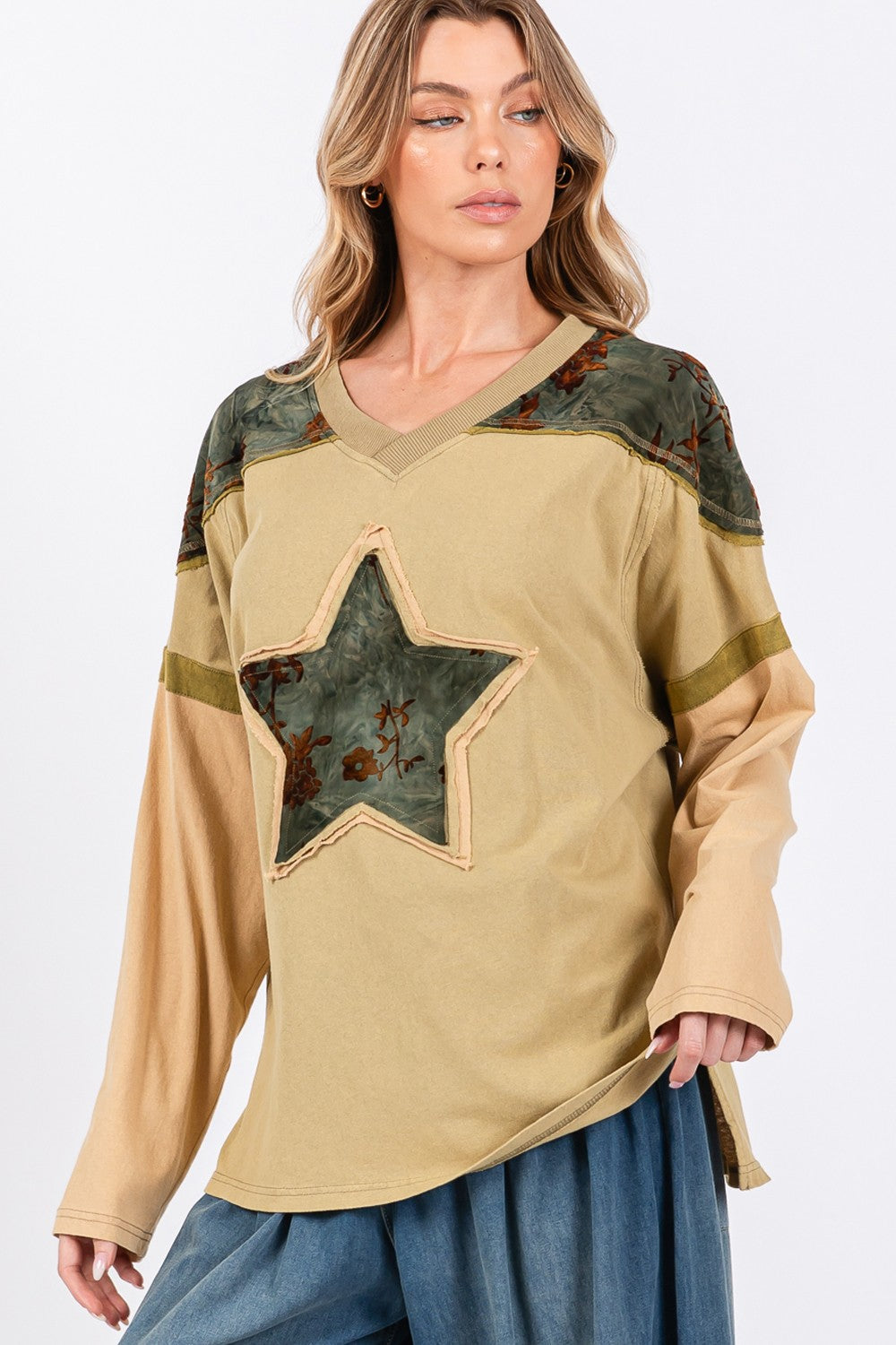 SAGE + FIG Olive Mineral Washed Star Patch Cotton Slub Color Block Oversized Tee Trendsi