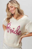 BiBi Ivory Bride Metallic Letter Short Puff Sleeve Hairy Sweater