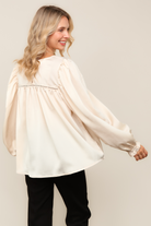 Haptics Ivory Round Neck Yoke Ladder Lace Bubble Sleeve Satin Blouse