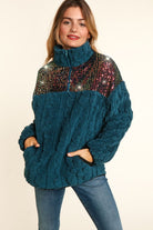 Haptics Teal Sequin & High Neck Sherpa Half Zip Pullover Sweater Sweater