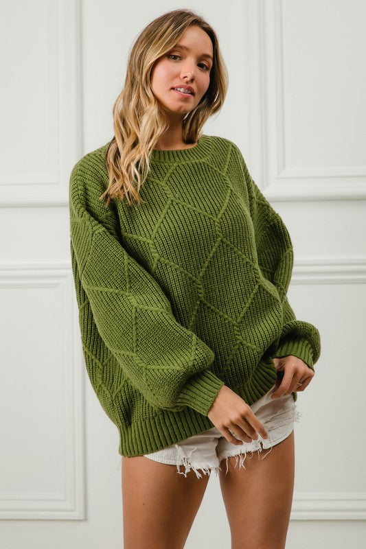 BiBi Moss Green Diamond Textured Round Neck Long Sleeve Sweater