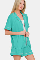 Zenana Turquoise Button Down Short Sleeve Top and Shorts Lounge Set Loungewear Set