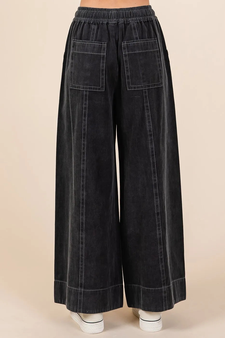 Mittoshop Black Mineral Washed Wide Leg Elastic Waist Twill Pants