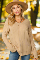 Haptics Eyes On You Taupe Distressed V Neck Ribbed Sweater Haptics