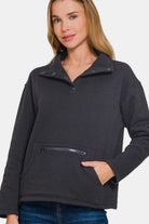 Zenana Black Turtleneck Half Snap Fleece Sweatshirt Sweater