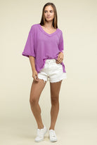 Zenana Brushed Waffle Exposed-Seam 3/4 Sleeve Top Shirts & Tops