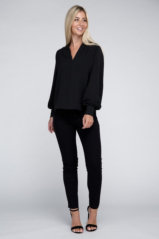 Zenana Woven Airflow V-Neck Long Sleeve Top Shirts & Tops