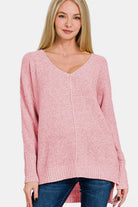 Zenana Dusty Pink High-Low Center Seam V-Neck Sweater Dusty Pink Shirts & Tops