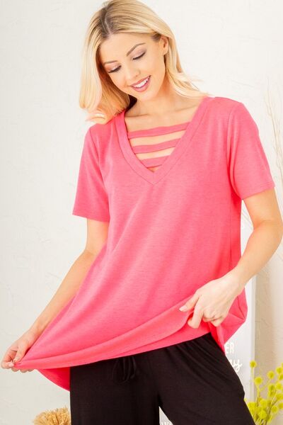 Heimish Hot Pink V-Neck Short Sleeve Top with Bar Detail