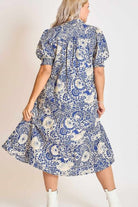 Umgee Royal Blue Printed Smocked Cuff Puff Sleeve Midi Dress