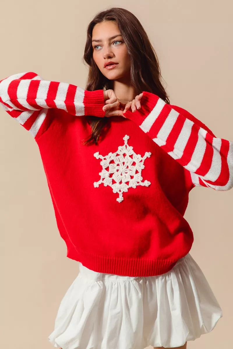 SO ME Christmas Snowflake Crochet Embellished Sweater RED IVORY